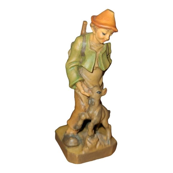 GERMANY OBERAMMERGAU WOOD CARVING "BOY FEEDING DEER STATUE" 5in TALL VINTAGE